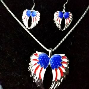 Silver Tone Wings With Red, White and Blue Enamel Earrings and Necklace Set